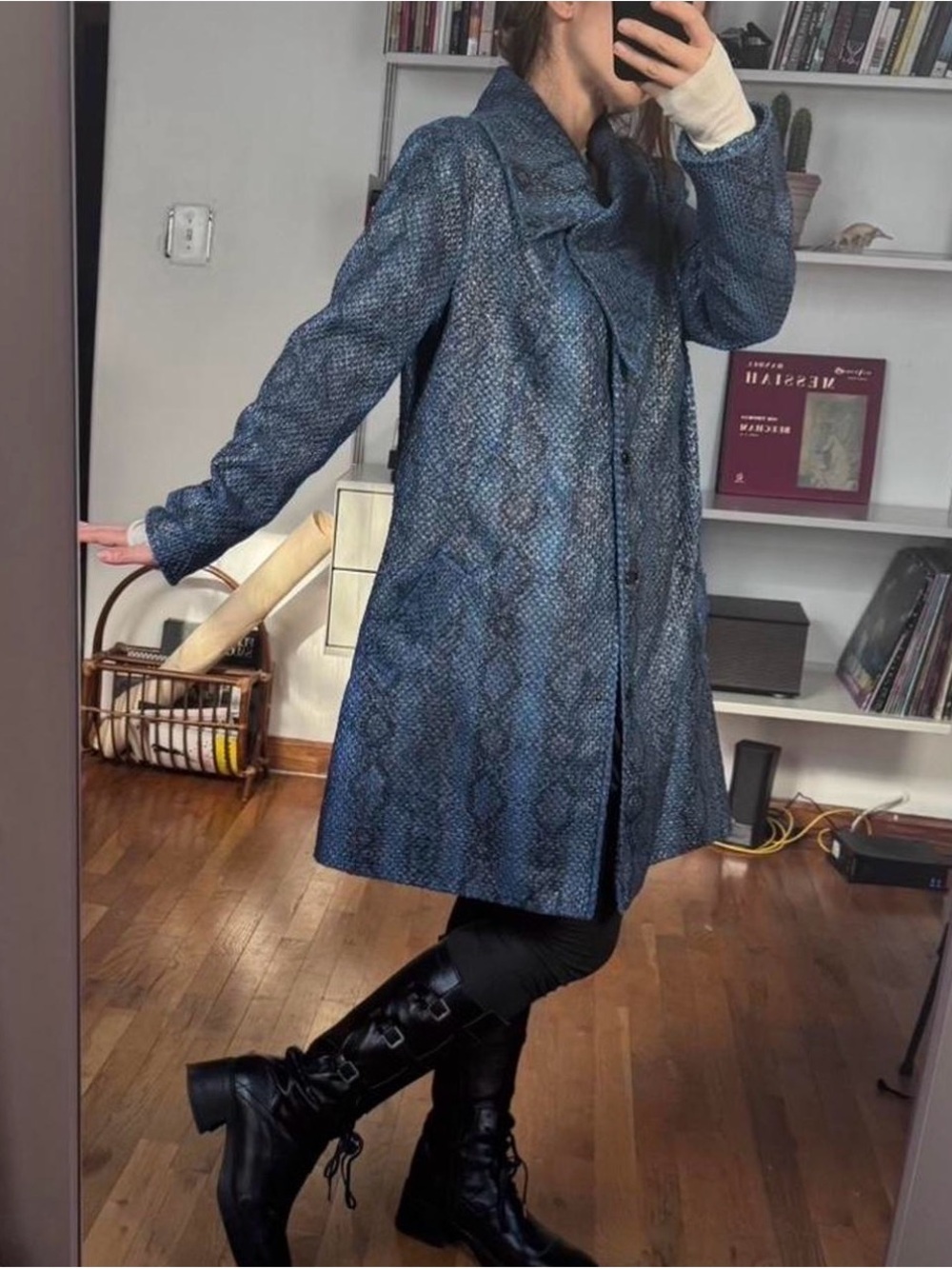Samuel Dong Blue Patterned Light Trench Coat